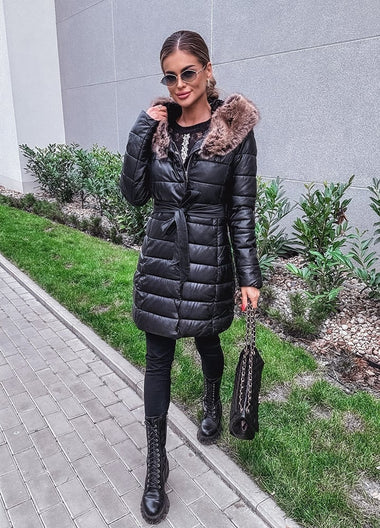 Ökobőr vízlepergető középhosszú fekete csinos télikabát barna vagy szürke kapucnival