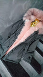PRÉMIUM Hatalmas kapucnis sötétszürke parka kabát rózsaszín prémmel
