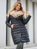 Prémes galléros, vízlepergetős vastag fekete bőrhatású pufi női télikabát - XL méretben