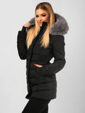 Karcsúsított középhosszú meleg női fekete télikabát prémium szürke prémmel