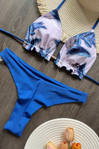 Kétoldalas háromszög bikini szett – púderlila & trópusi kék mintás