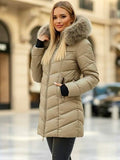 Karcsúsított középhosszú meleg, könnyű női pasztell khaki télikabát