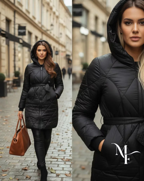 Félhosszú csinos pehelykönnyű télikabát megkötővel