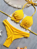 Kétoldalas háromszög bikini szett – sárga & trópusi kék mintás