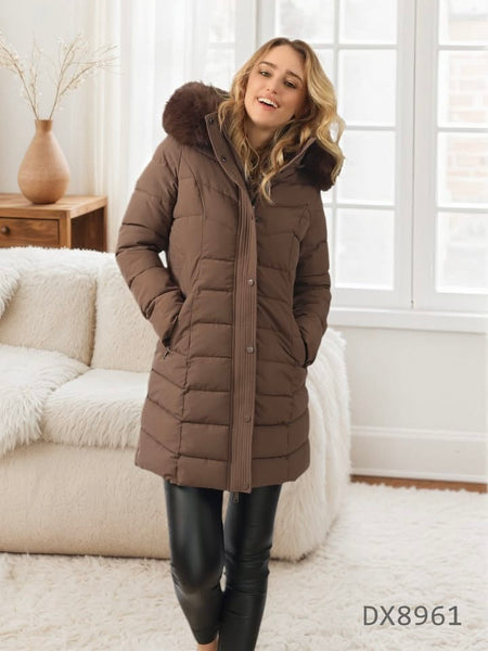 Csokibarna meleg télikabát levehető prémmel