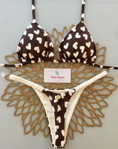 Cocoa Love Bikini – Barna-fehér szívecskés szett