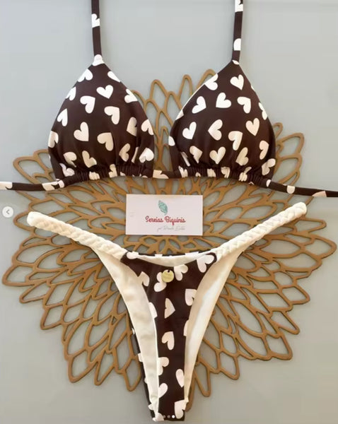 Cocoa Love Bikini – Barna-fehér szívecskés szett