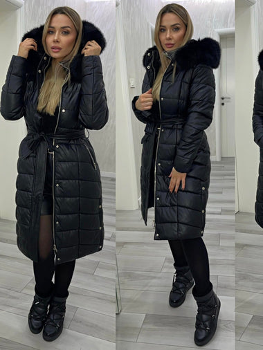 Hosszú, vastag vízálló ökobőr télikabát övvel, fekete prémmel