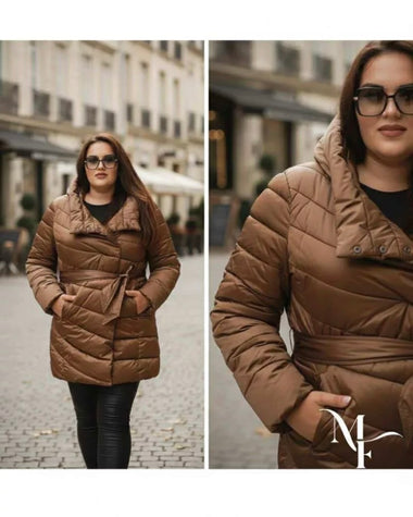 Félhosszú csinos bronz szaténfényű télikabát megkötővel - plus size