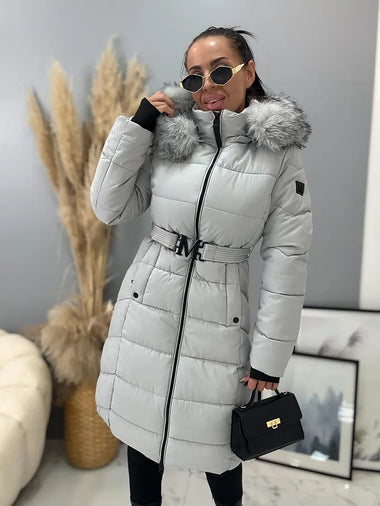 Kékesszürke meleg télikabát levehető prémmel és övvel- DX8962