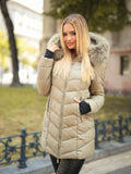 Karcsúsított középhosszú meleg, könnyű női pasztell khaki télikabát