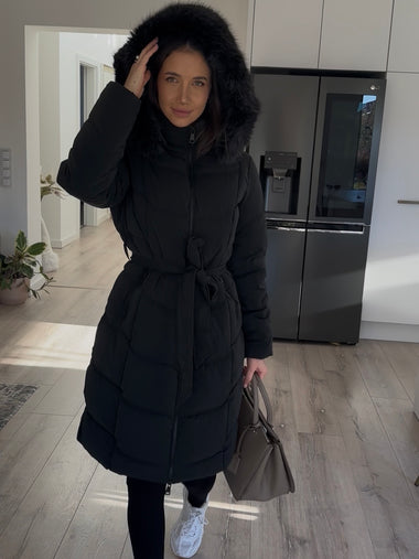 Éjfekete dry touch, matt, meleg télikabát megkötővel
