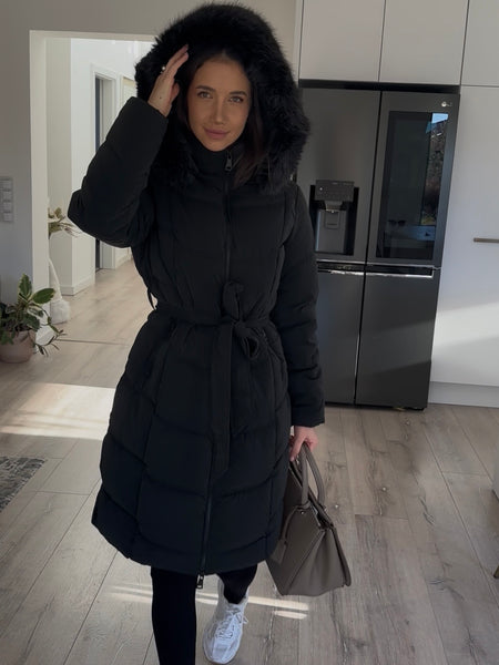 Éjfekete dry touch, matt, meleg télikabát megkötővel