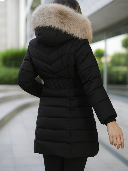 Fekete meleg télikabát levehető bézs prémmel- DX8961