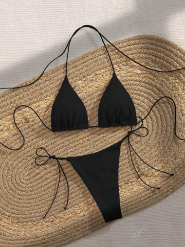 Egyméretes megkötős bikini szett - fekete