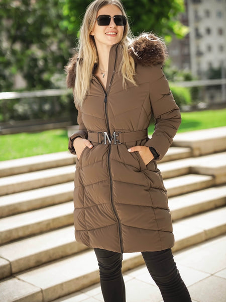 Matt csokibarna, vízlepergető meleg télikabát övvel