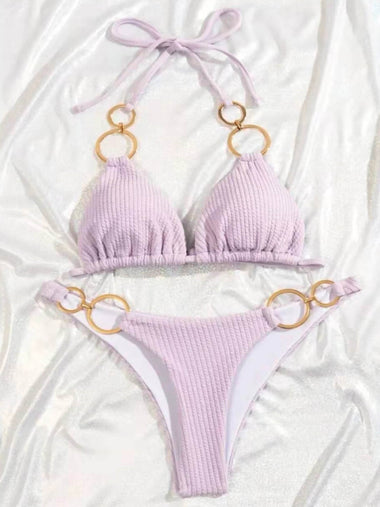 Bordás brazil bikini szett arany karikával - mályva