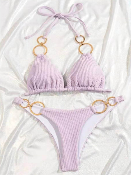 Bordás brazil bikini szett arany karikával - mályva