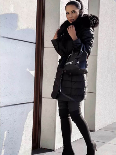 Ökobőr vízlepergető középhosszú fekete csinos télikabát fekete prémes kapucnival