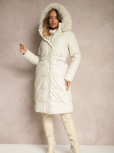 Hosszú, vastag vízálló ökobőr fehér télikabát övvel, prémmel LZ13009