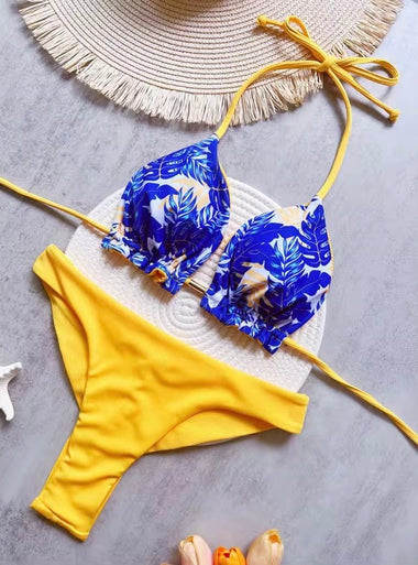 Kétoldalas háromszög bikini szett – sárga & trópusi kék mintás