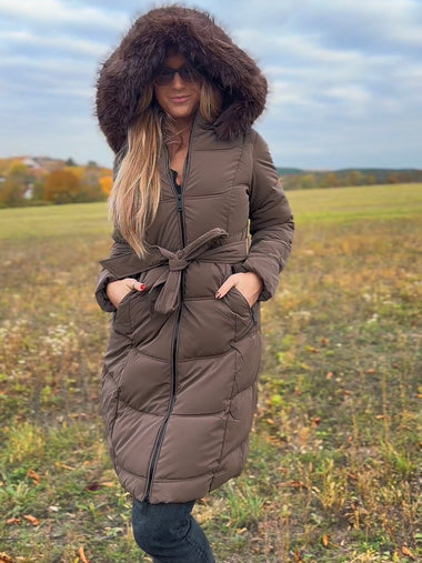 Csokibarna dry touch, matt, meleg télikabát megkötővel