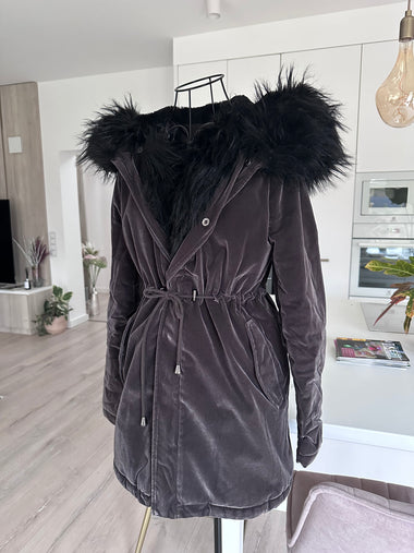PRÉMIUM bársony grafit óriás kapucnis meleg női parka kabát