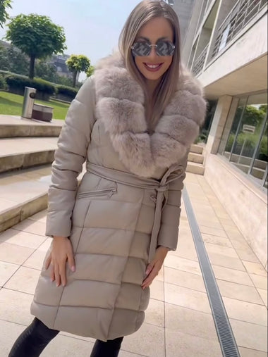 Hosszú, vastag vízálló ökobőr hidegbézs télikabát