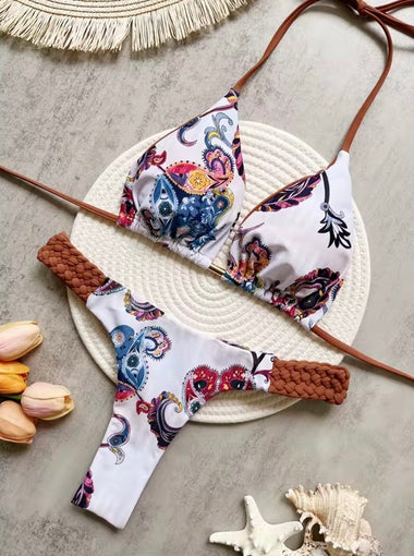 Boho Chic Paisley bikini szett – barna & mintás, kétoldalas felsővel