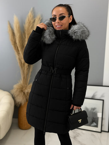 Fekete meleg télikabát levehető szürke prémmel és övvel- DX8962