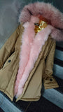 PRÉMIUM Hatalmas kapucnis aranybézs parka kabát rózsaszín prémmel