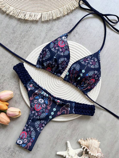Boho Chic Paisley bikini szett – kék & mintás, kétoldalas felsővel