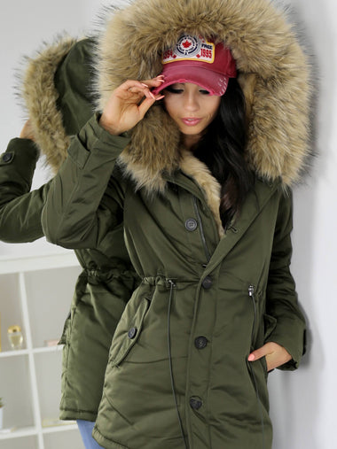 PRÉMIUM Khaki-bézs óriás kapucnis meleg női parka kabát - bemutatódarab, szőrsáv nélkül (XS/S)