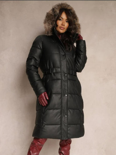 Hosszú, vastag vízálló ökobőr télikabát övvel, barna prémmel LZ13009-2