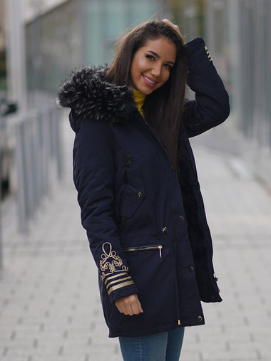 Belül is prémes, fekete női parka télikabát szőrös kapucnival - utolsó darab