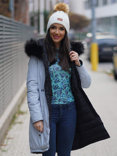 Fekete-világoskék 2in1 kifordítható hosszú női télikabát - utolsó darab