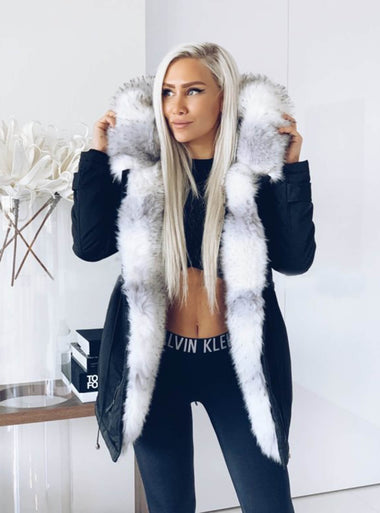 PRÉMIUM Fagyos fekete óriás kapucnis meleg női parka kabát - MintyDust