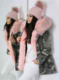 PRÉMIUM Terepmintás téli meleg parka kabát rózsaszín bundával - MintyDust