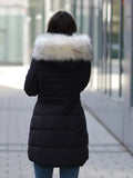 Fekete szélálló meleg télikabát fehér kapucnival