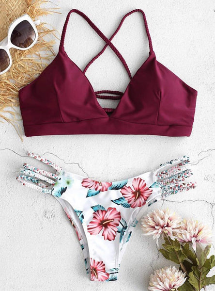 Wine floral fonott brazil bikini - MintyDust