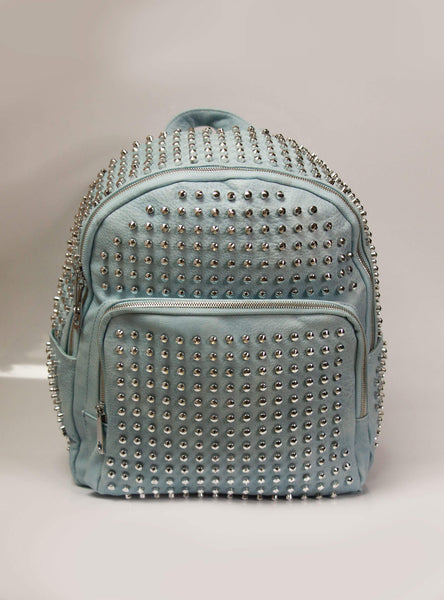 Ezüst szegecses kék női műbőr hátizsák, iskolatáska - nagy - MintyDust